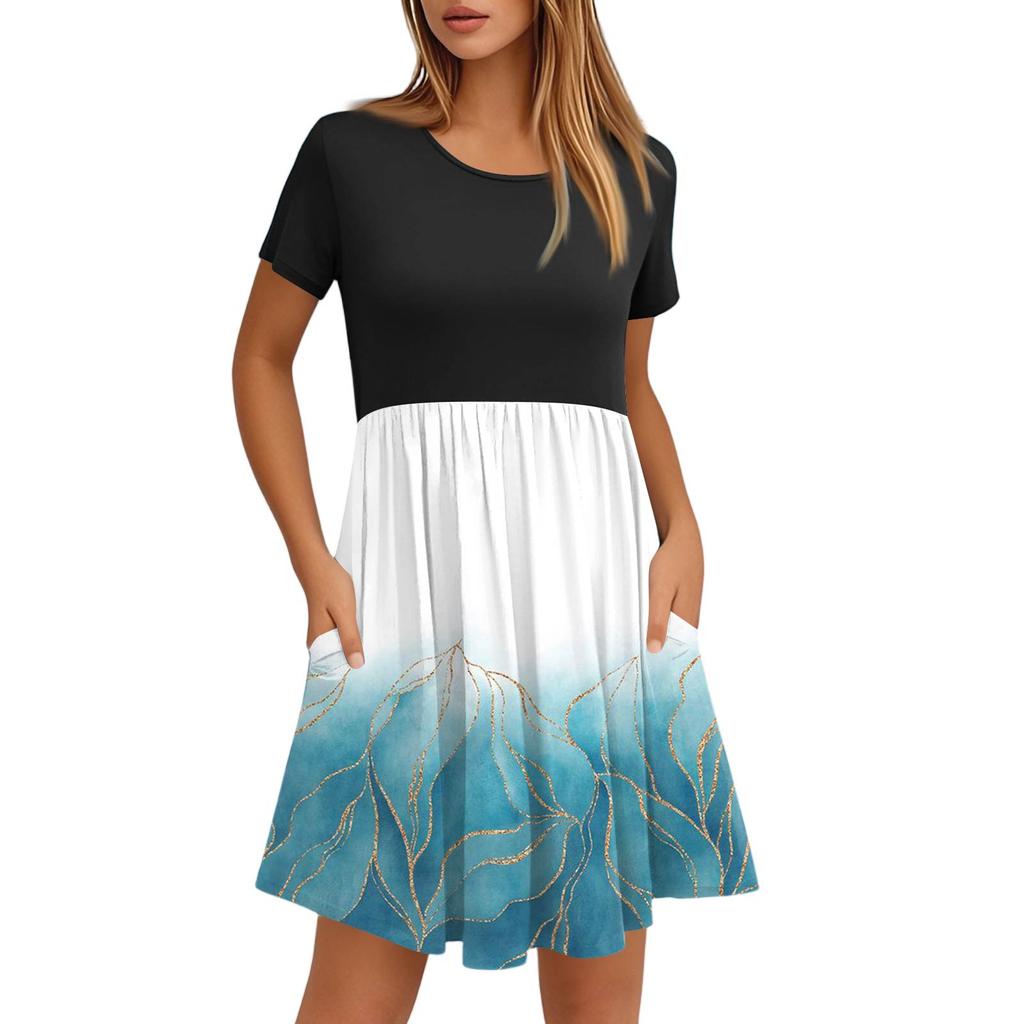 Женские модные повседневные свободные платья с круглым вырезом и коротким рукавом с принтом и карманами