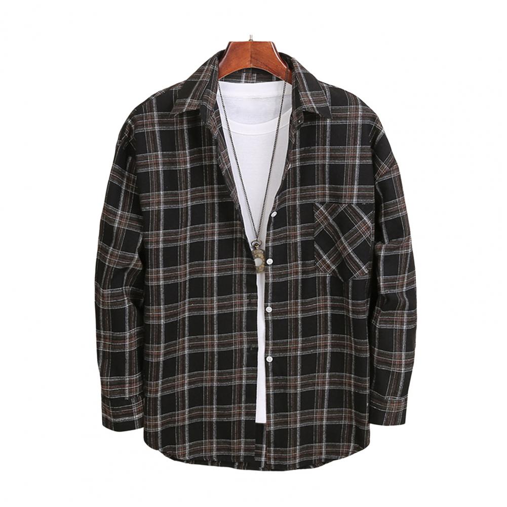 Мужская весенне-осенняя блузка с отложным воротником, однобортная, в клетку, с длинным рукавом, удобный крой, японский стиль, кардиган, официальный, деловой