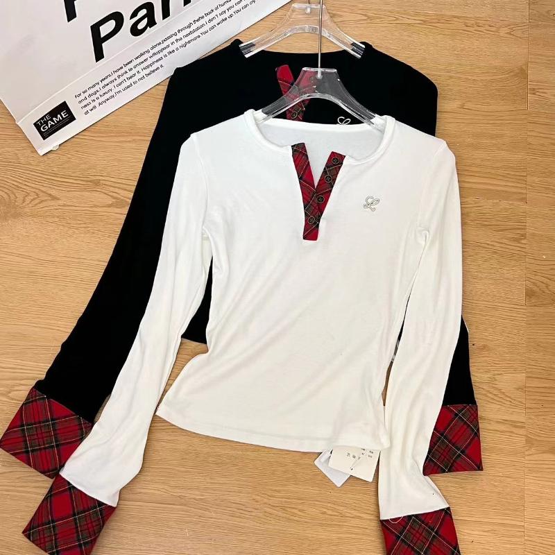 Корейские дизайнерские клетчатые футболки женские осенне-зимние лоскутные футболки с длинным рукавом винтажные топы с круглым вырезом в стиле 2000-х годов