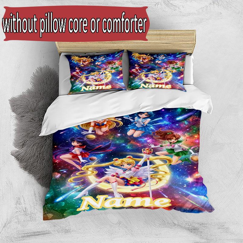 3pcs Duvet Cover Set (1*Duvet Cover + 2*Pillowcase, Without Core), Custom Name Sailor Moon Pattern Bedding Set, Home Bedroom Decor Gift
