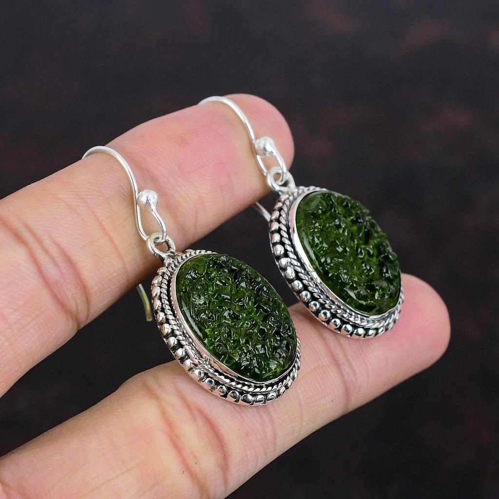 Серьги из молдавита, винтажные серьги из драгоценных камней, серьги из стерлингового серебра 925 пробы, серьги ручной работы, достойные ювелирные изделия, дизайнерские серьги, подарки для друга