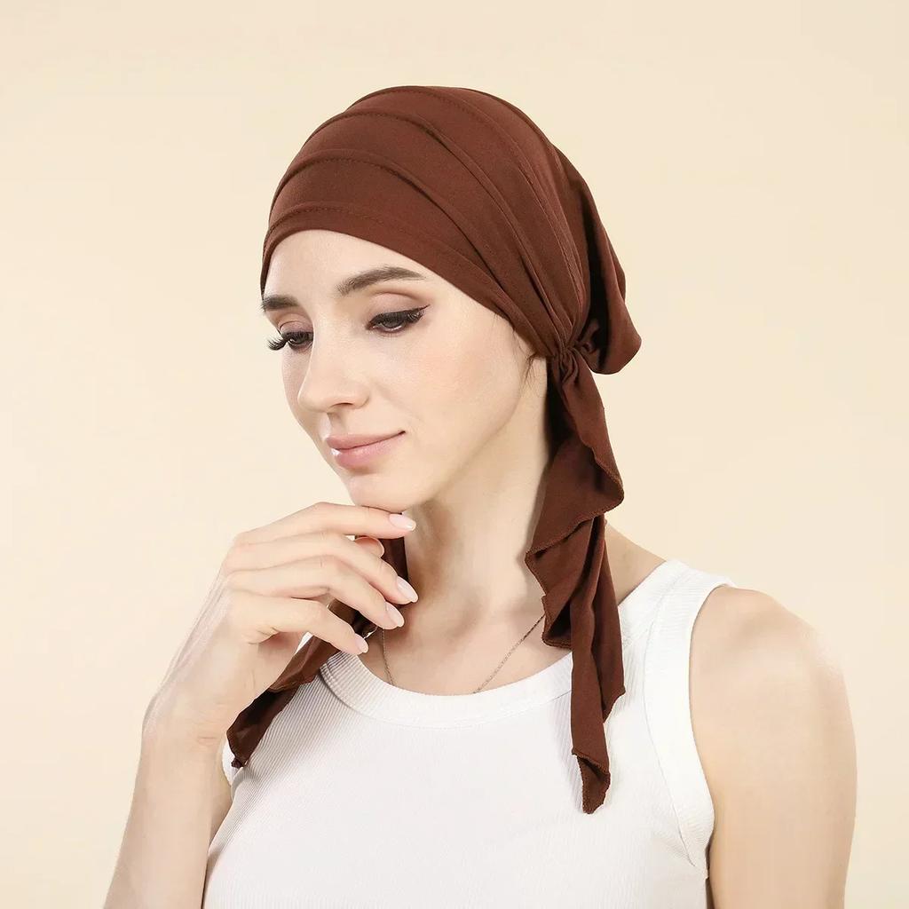 New Shimmer Pre-Tied Hat Women Muslim Hijab Turban Long Tail Headscarf Beanies Bonnet Hair Loss Chemo Cap Head Wrap Bandanas