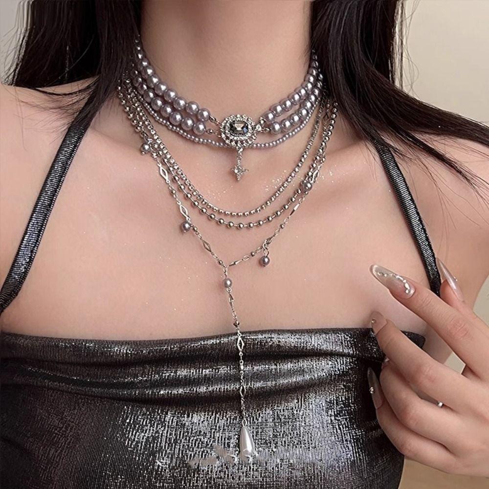 Crystal Inlaid Multi-Layer Pearls Necklace Multilayer Stacked Cross Clavicle Chain  Girls