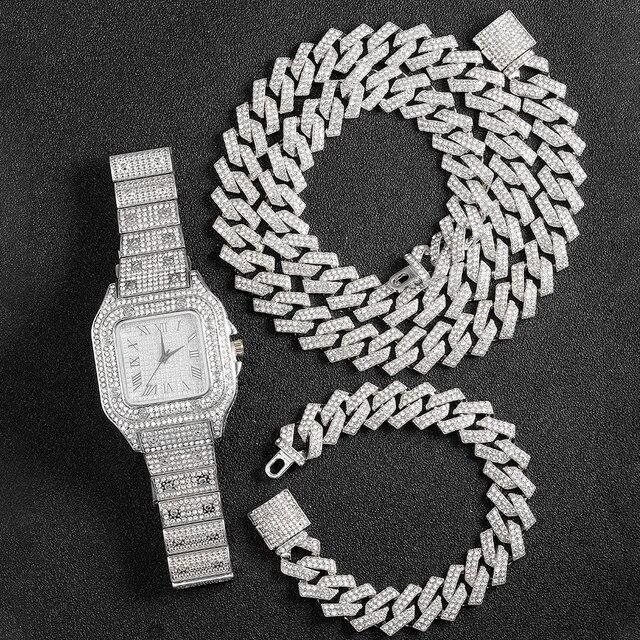 Мужчины Женщины Хип-Хоп 16 мм Iced Out Кристалл Кубинская Цепочка Ожерелье + Набор Браслетов С Разнообразием Стилей Индивидуальные Часы со Стразами