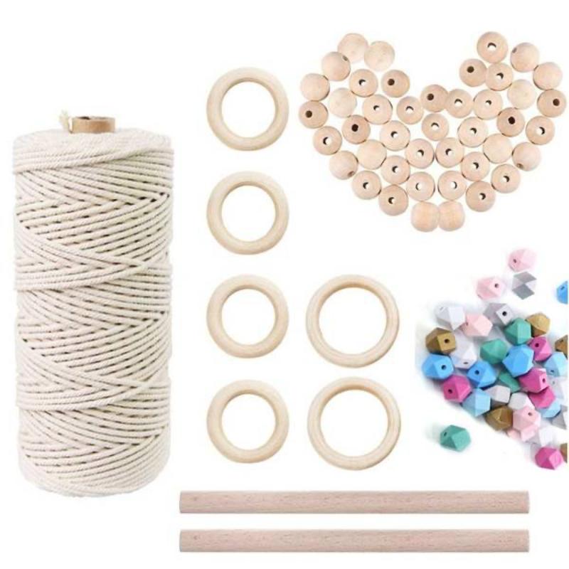 Деревянное кольцо, деревянная палочка, набор из хлопчатобумажных ниток, деревянный материал для плетения подвесной веревки из бисера своими руками