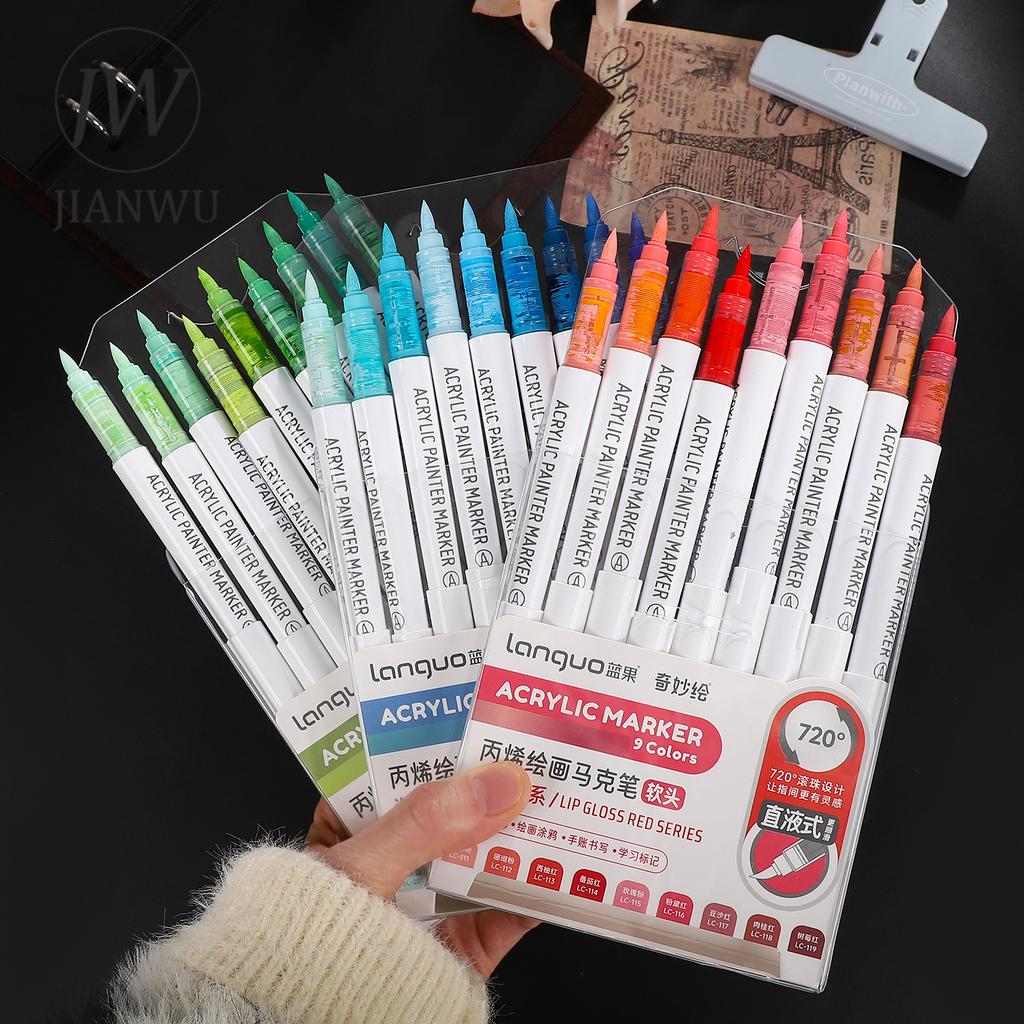 JIANWU 9 Pcs/set Large-capacity Straight Liquid Soft-head Painting Marker Pen Creative DIY Journal Student Supplies Stationery