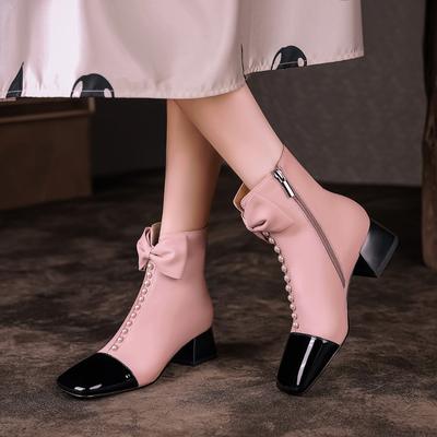 Женские короткие ботильоны на низком каблуке, осенне-зимние, милые и элегантные, на толстом каблуке, с цветными вставками, короткие ботильоны большого размера