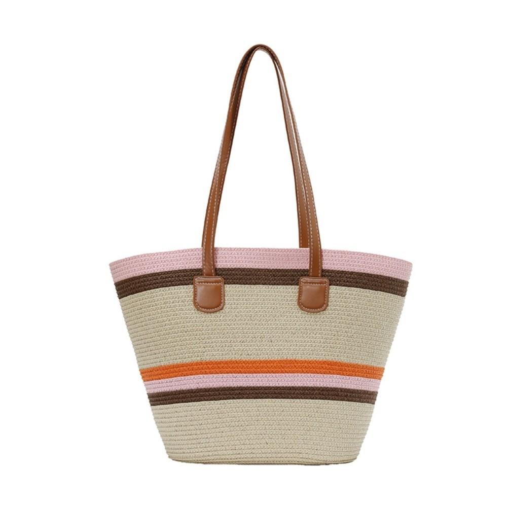 Large Capacity Shopping Straw Bag Polyester Summer Beach Handbag Stripe Woven Tote Bag Female