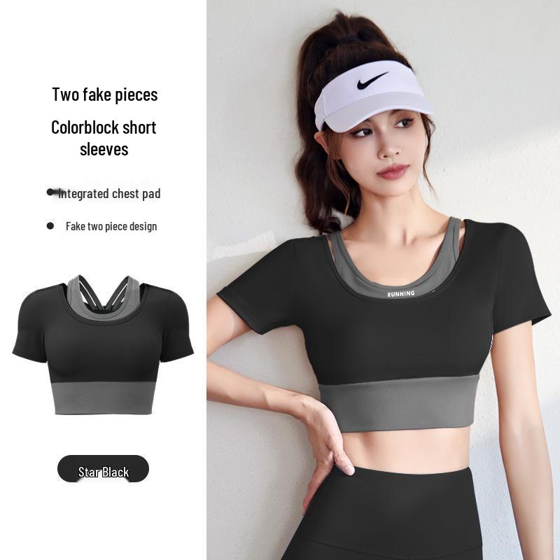 Women's Color Block Two-Piece Short Sleeve Quick-Dry Sports Yoga Top