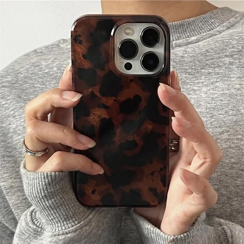 Retro Amber Texture Laser Phone Case For iPhone 17 16 15 14 Pro Max 13 Stylish Leopard Print Luxury Back Soft Cover Gift