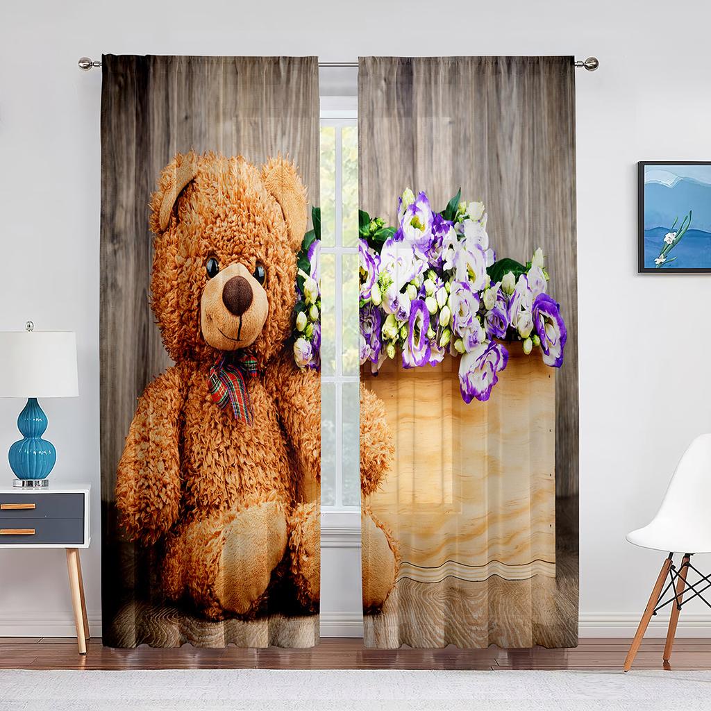 Семейные тюлевые шторы Happy Teddy Bears для кухни, гостиной, спальни, прозрачный шифон, прозрачная оконная занавеска из вуали