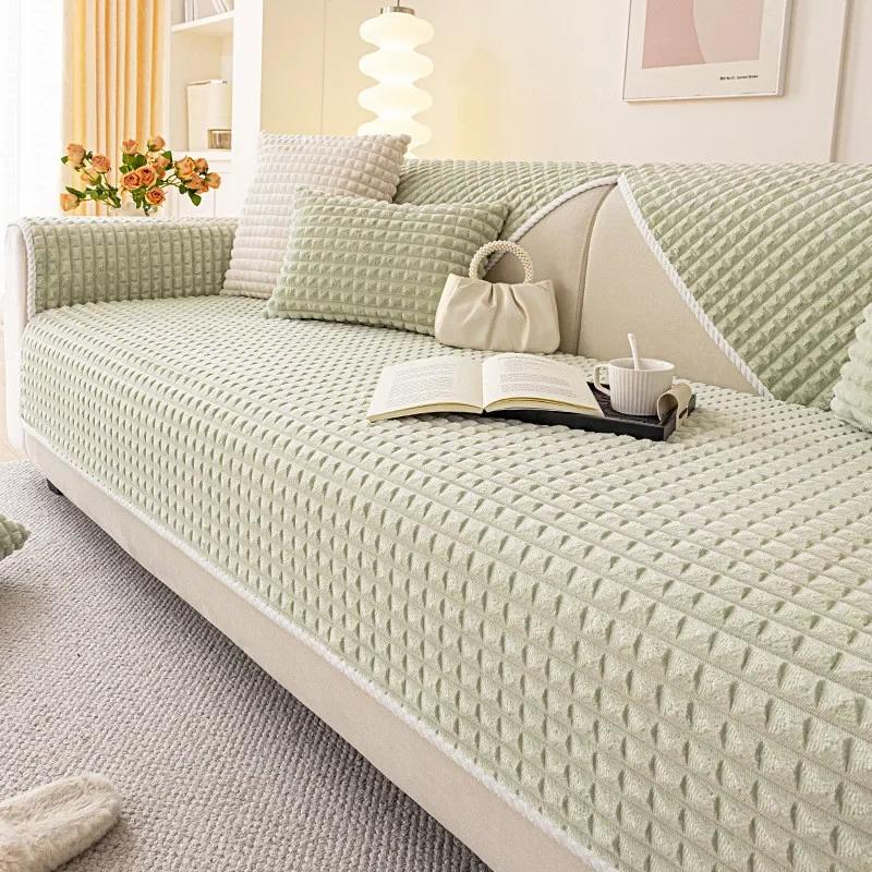 1Pcs Thicken Winter Warm Simple Solid Color Sofa Cover For Living Room Solid Color Grid Anti-Slip Couch Cushion Home Decor