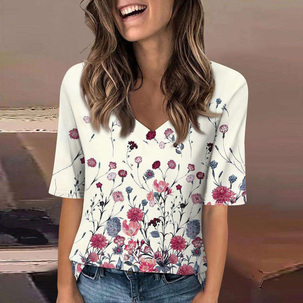 Shirts For Women Trendy V Neck T Shirts Casual Printed Summer Tees T Shirt Blouse Half Sleeve Tops For Women