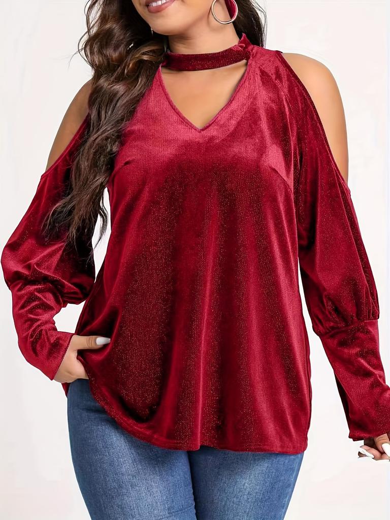 Womens Sexy Plus Size Blouse Velour Cutout Shoulder Shirt V Neck Long Sleeve Pullover Tops