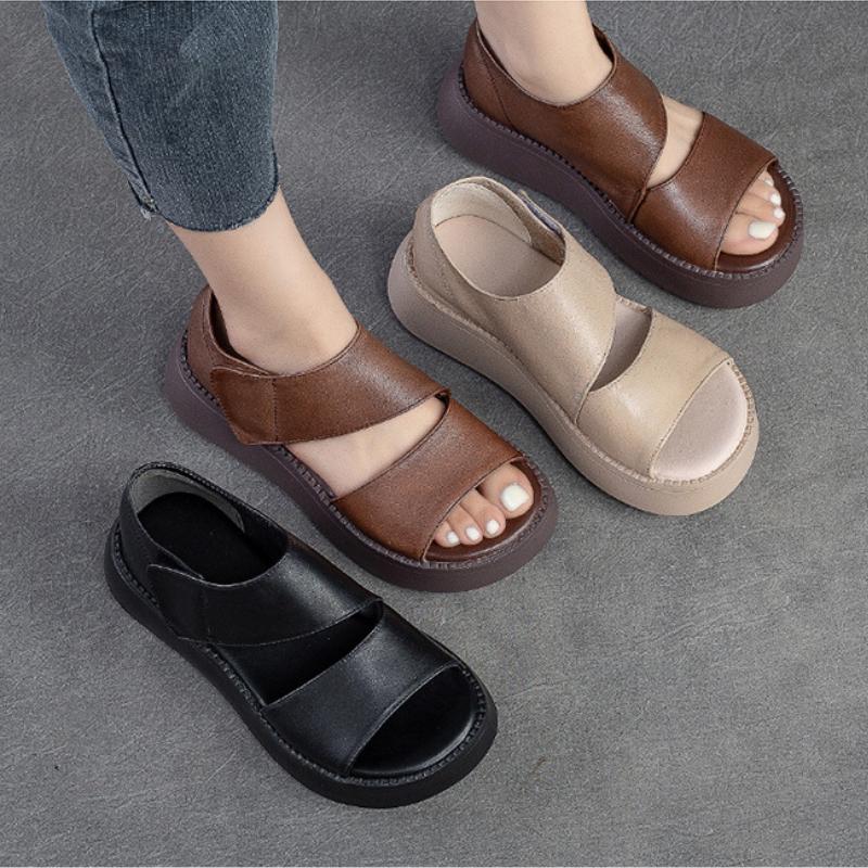 Women Sandals Thick Sole Peep Toe Platform Shoes Genuine Leather Vintage Comfortable Sandals