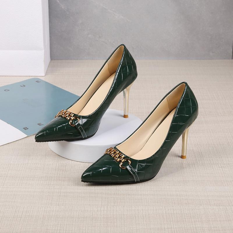 Women's High Heels Fall New Pointy Shallow Mouth Metal Chain Patent Leather Plaid Single Shoes