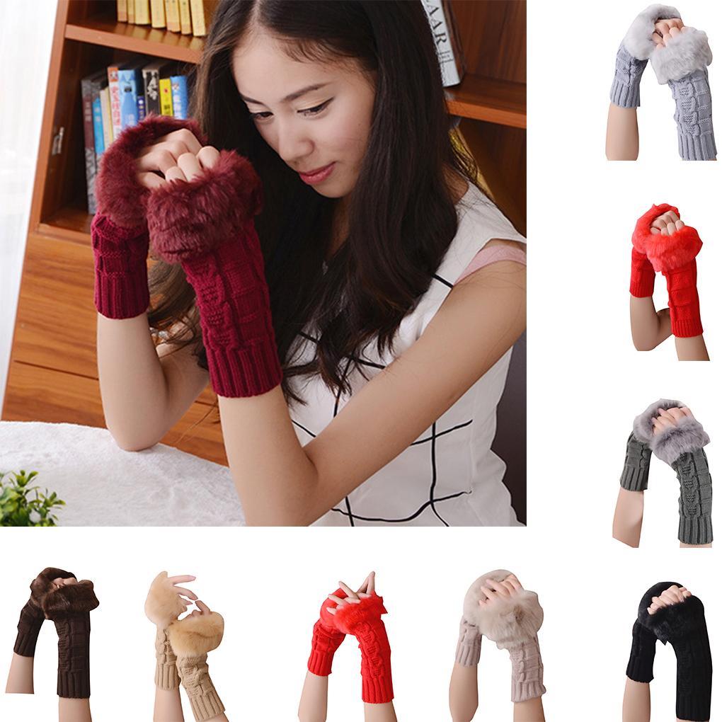 Женские Девичьи Теплые Зимние Перчатки Без Пальцев с Помпоном на Запястье Варежки Вязаные Нарукавники Женские Митенки Пушистые Вязаные Перчатки