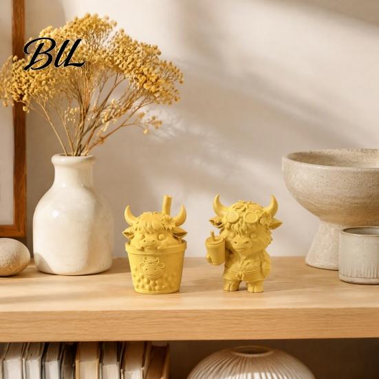 Home Office Table Decoration 2Pcs Cute Highland Cow Figurine, 3D Printed Bubble Tea Statues, Fun Desk Accessory Summer Farmhouse Style Desktop