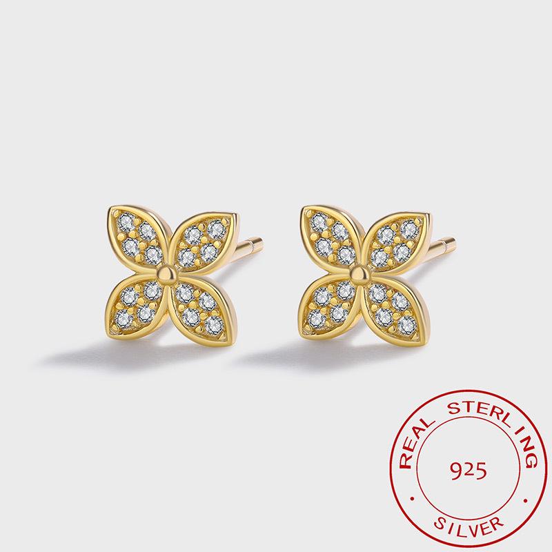 S925 Sterling Silver Gold-Plated Hydrangea Diamond Flower Stud Earrings - Japanese & Korean Design for Women