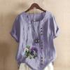 Женская модная лавандовая футболка с круглым вырезом и коротким рукавом, повседневная хлопковая льняная рубашка с рисунком, свободная летняя блузка, топы