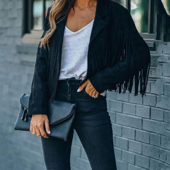 Женская повседневная куртка с кисточками, длинными рукавами, лацканами, укороченное пальто из искусственной замши, байкерская верхняя одежда на весну и осень