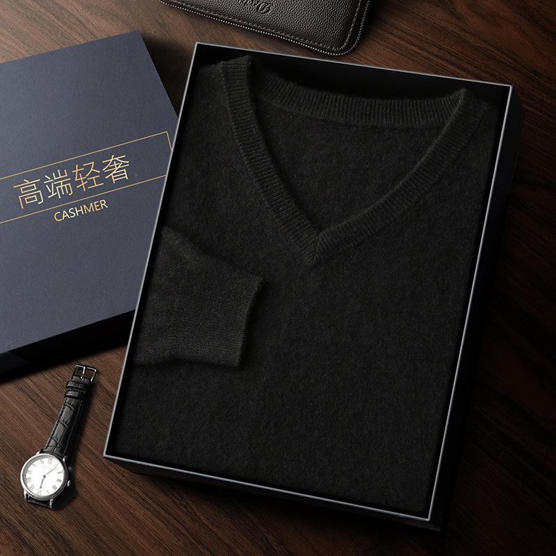 Новый однотонный кашемировый свитер с V-образным вырезом, мужской пуловер с длинным рукавом, свободный свитер с шерстяным свитером внутри