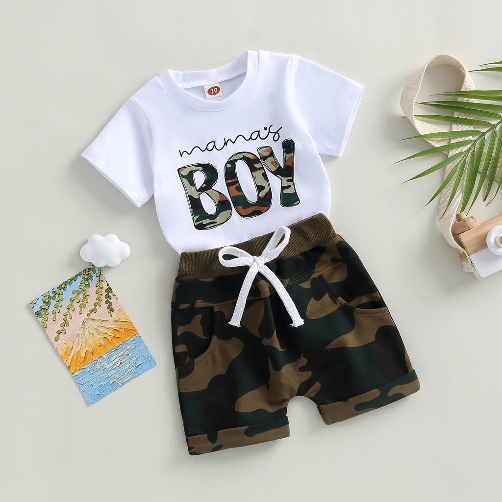 Baby Boys Shorts Set, Short Sleeve Letters Print T-shirt with Camouflage Shorts Summer Outfit