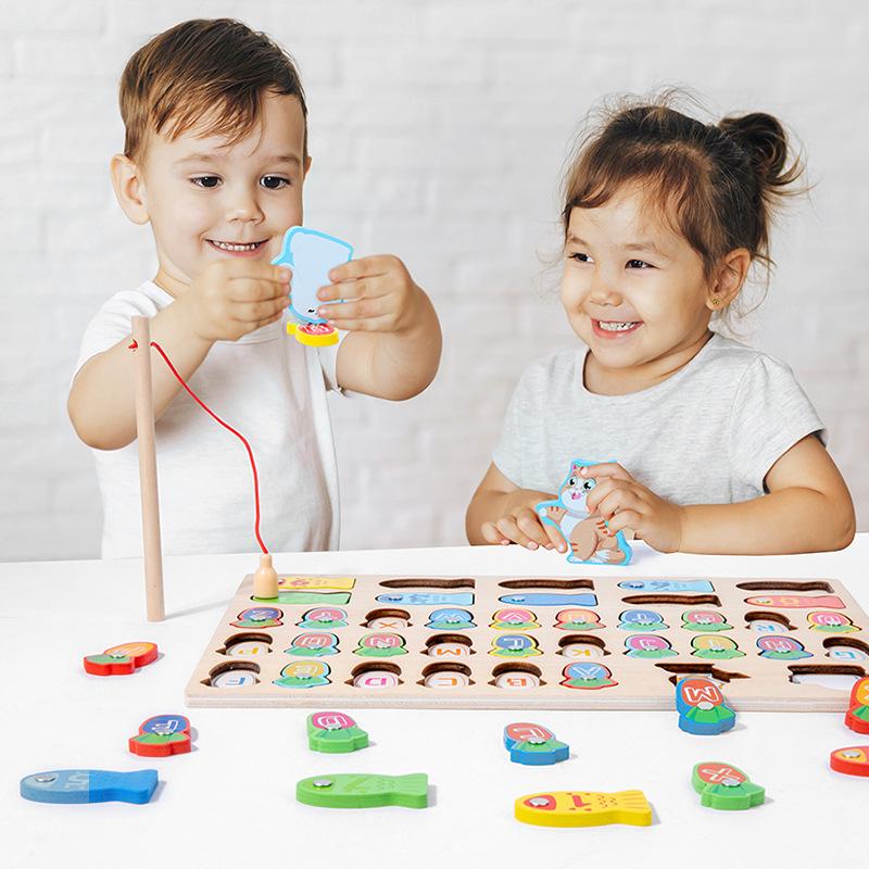Детская развивающая головоломка, цветная, буквенно-цифровая, когнитивное сопоставление, рыбалка, деревянная настольная интерактивная игра