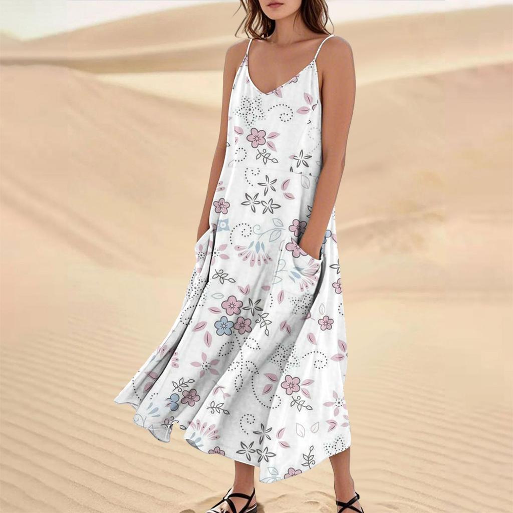 Women's Casual V Neck Floral Print Sleeveless Pocket Suspender Dress