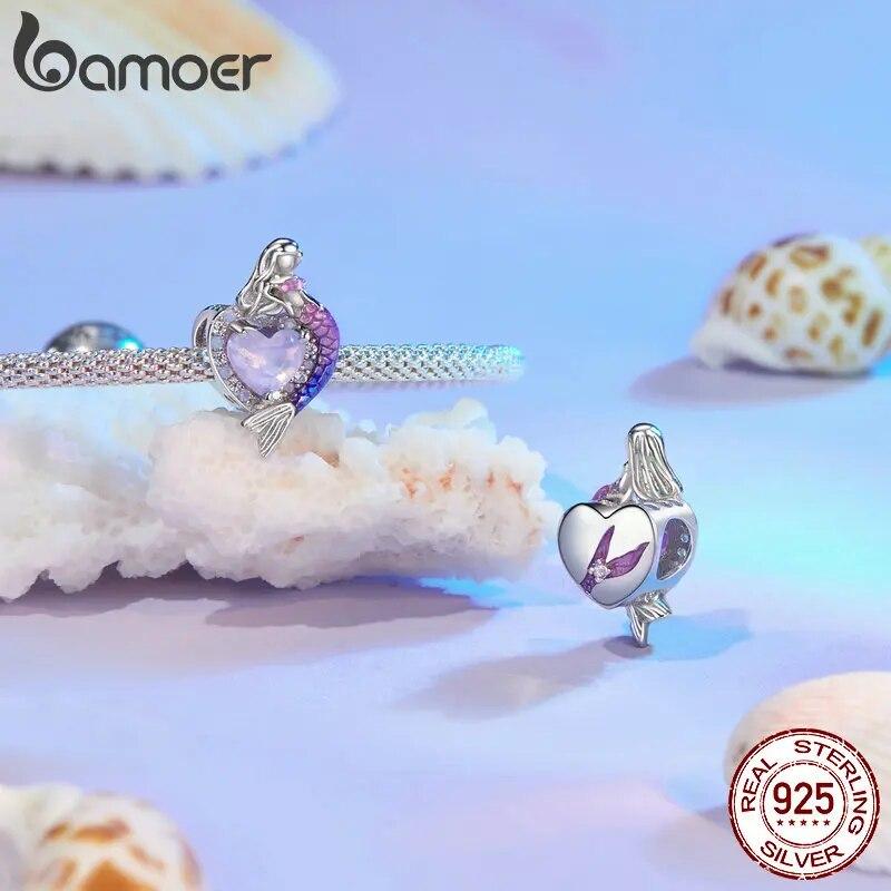 BAMOER Dainty 925 Sterling Silver Dreamy Mermaid Charm Fish Tail Silicone Spacer Bead Charm for Women Fit Original Bracelet