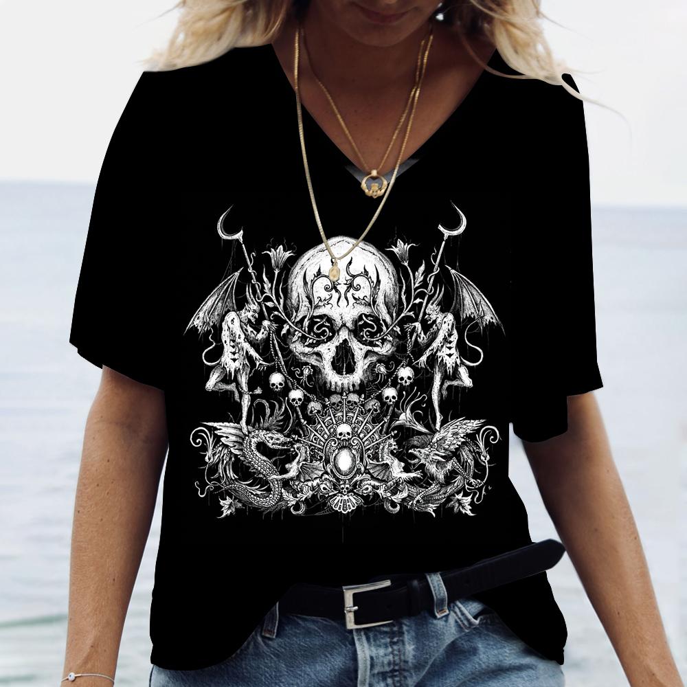 3D Черепа Цветочный Принт Женские Футболки Модные Футболки С V-образным Вырезом Короткие Рукава Летняя Повседневная Женская Одежда Свободные Топы Уличная Одежда
