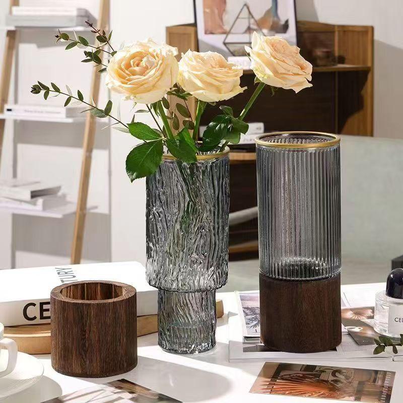 Скандинавская Роскошная Хрустальная Белая Стеклянная Ваза с Деревянной Подставкой для Живых Цветов - Декор для Гостиной