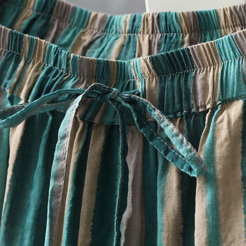 Женские полосатые укороченные брюки, свободные брюки-шаровары, летние ретро-художественные тонкие повседневные брюки