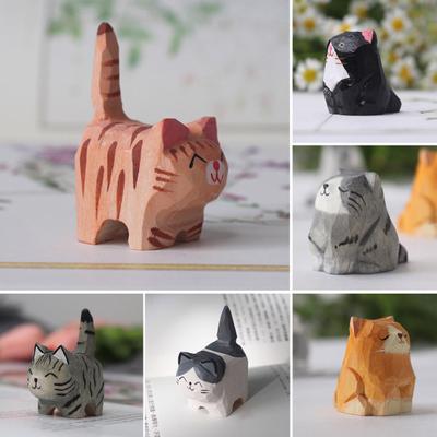 Деревянная резная фигурка кошки, ручная резьба по дереву, художественная статуэтка котенка, маленькая скульптура животного, украшение для домашнего офиса, рабочего стола, орнамент
