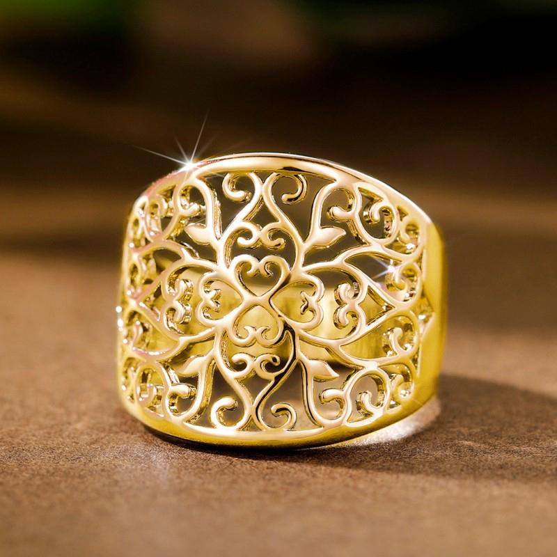 Huitan Hollow Engraved Design Women Ring Luxury Wedding Lady Fashion Accessories Gold Color/CopperColor Party Metal Jewelry