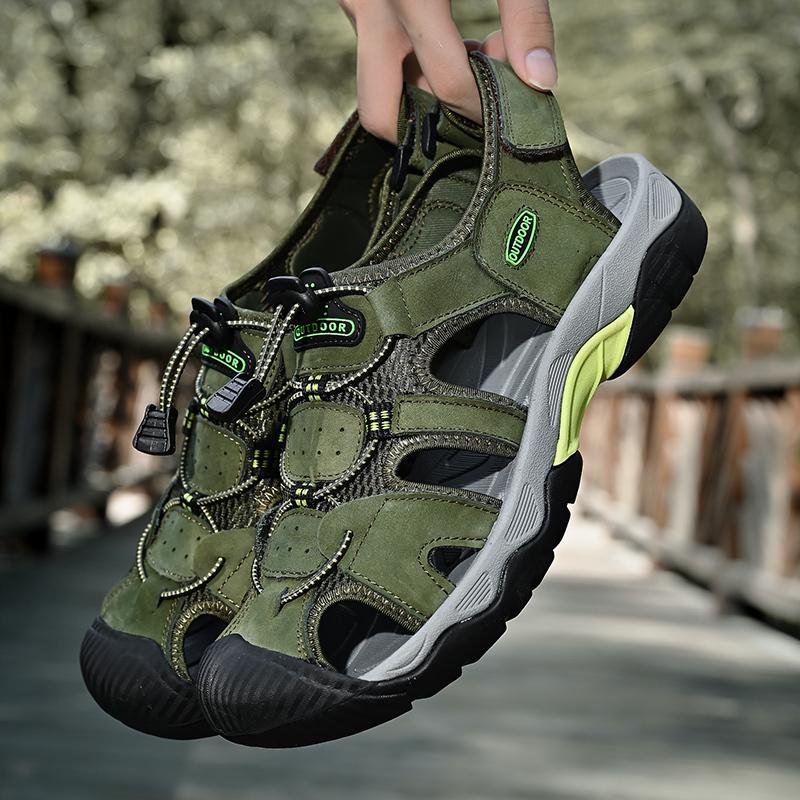 Кожаные мужские пляжные сандалии для воды, летние уличные повседневные спортивные сандалии с закрытым носком, нескользящие мягкие походные забродные кроссовки