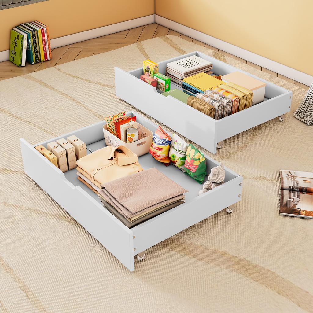 Two Drawers, Storage Space Under the Bed, MDF + Floor Rollers, White (93x66.5x20cm) (Drawers Only)