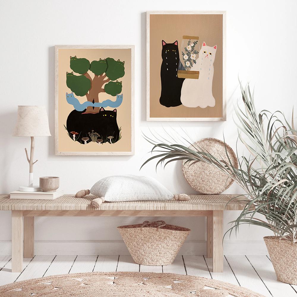Cat with Plants Canvas Prints Painting Posters Abstract Cat Modern Nordic Wall Pictures Art for Kids Room Bedroom Home Decor