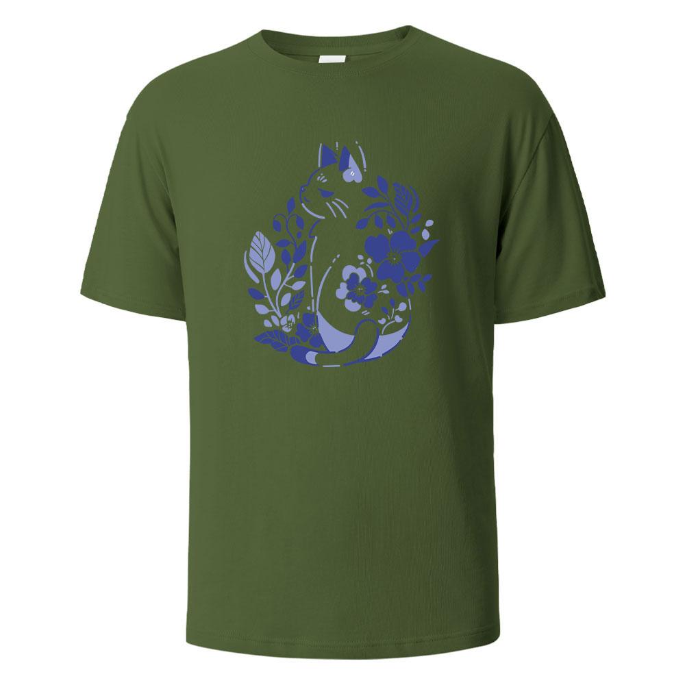 Mens Printed TShirt Blue And White Porcelain Cat Graphic 100Cotton Oneck Shortsleeved Tees For Men Women Summer Fashion Tops