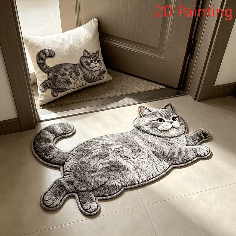 Realistic Cat Faux Cashmere Floor Mat Thickened Bedside Rug Absorbent Bathroom Foot Pad Cute Pet Bedroom Carpet