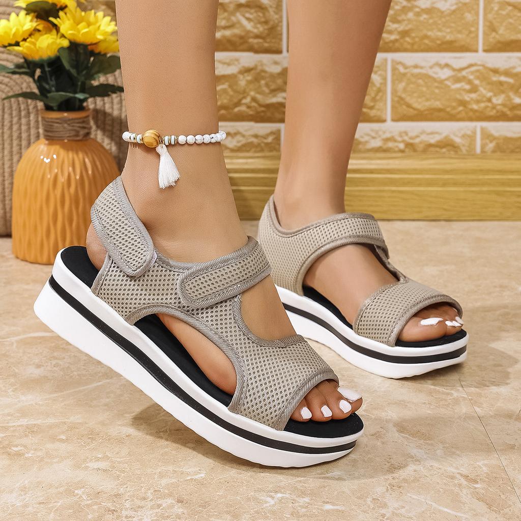 Сандалии большого размера на толстой подошве, новые летние пляжные сандалии с плоской подошвой на липучках, однотонные тканевые