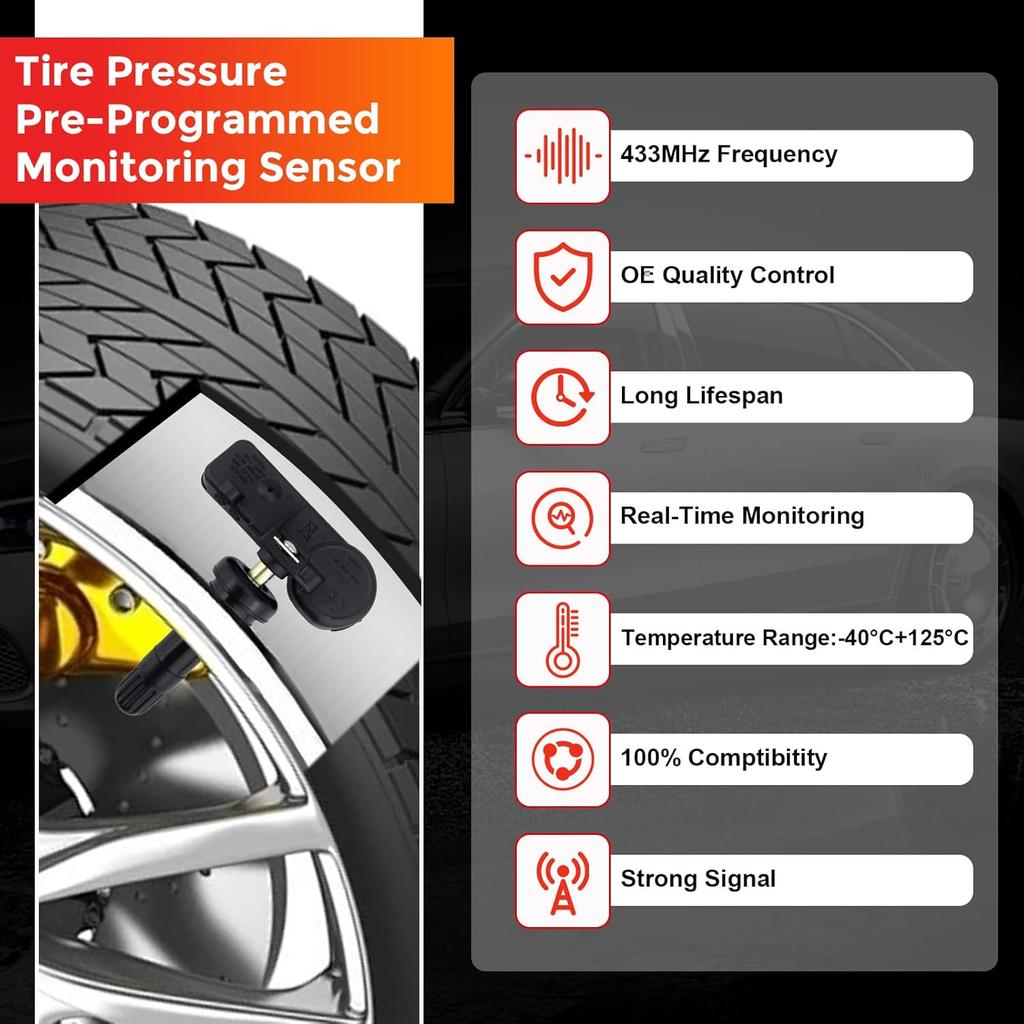 Set Of 4 TPMS Tire Pressure Monitoring System Sensor 433MHz Compatible With Jeep Wrangler JK Dodge Ram Charger Replacement For 56029398AB 68142397AA