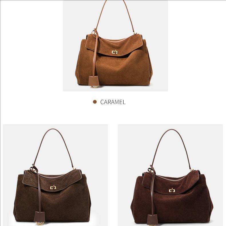 Women's Genuine Two-Layer Leather Shoulder Bag - Brown Suede Handbag with Gold Hardware, Classic Tote for Daily Use & Work