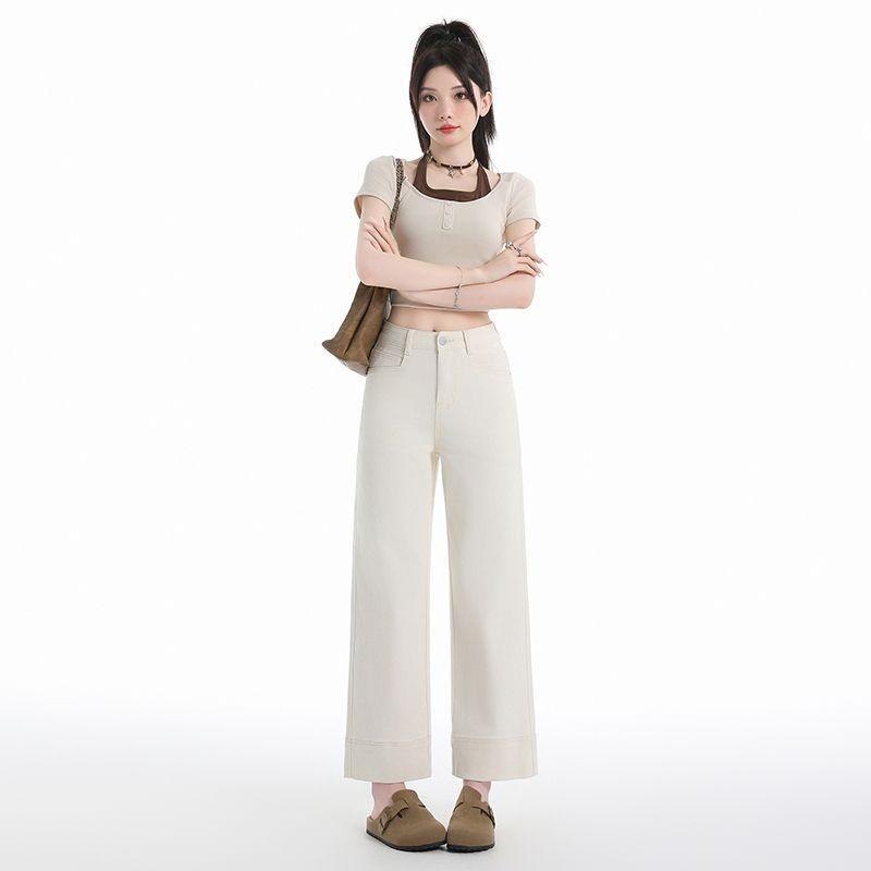 Lyocell Tencel Straight Tube Stick Pants with High Waist Elasticity, Small and Slim Look, Denim Grandma Pants