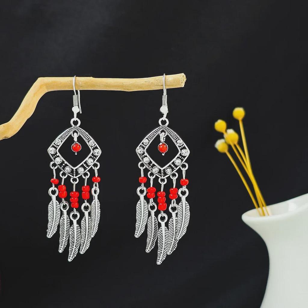 European and American Retro Hollow Turquoise Tassel Bohemian Earrings for Women