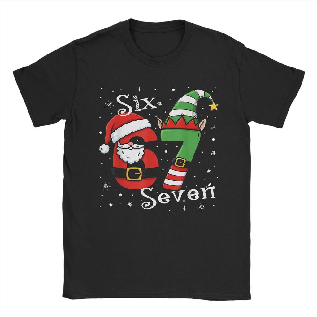 Funny Six Seven 67 Meme 6 7 Elf Santa Christmas Pajamas Merch Men Women T Shirt Pure Cotton Tee Printed T-shirt Clothing