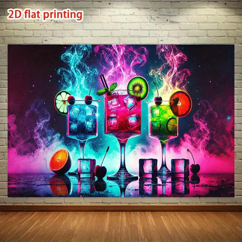 Colorful Tropical Cocktail Tapestry, Neon Palm Tree Sunset Background