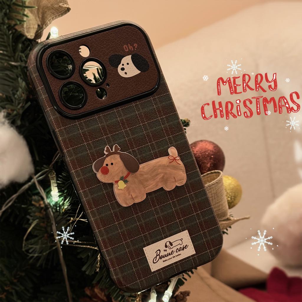 Retro Checkered Suits Apple 16 Mobile Phone Case IPhone 15 Christmas Puppy 14promax Leather 13 Plush Rope