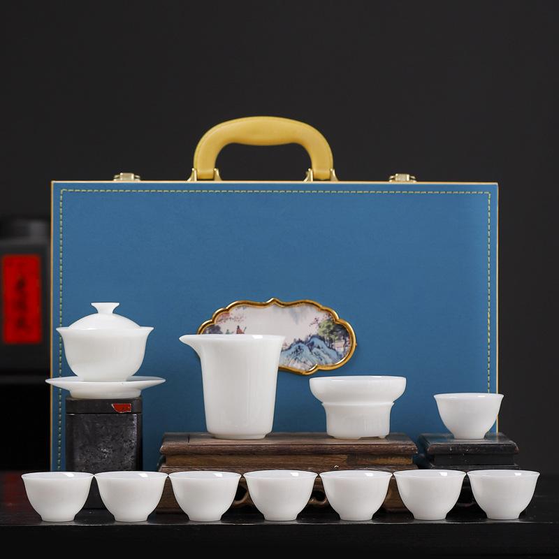 New ice seed jade porcelain kung fu tea set for home use, high-end gifts for customers, business company gifts
