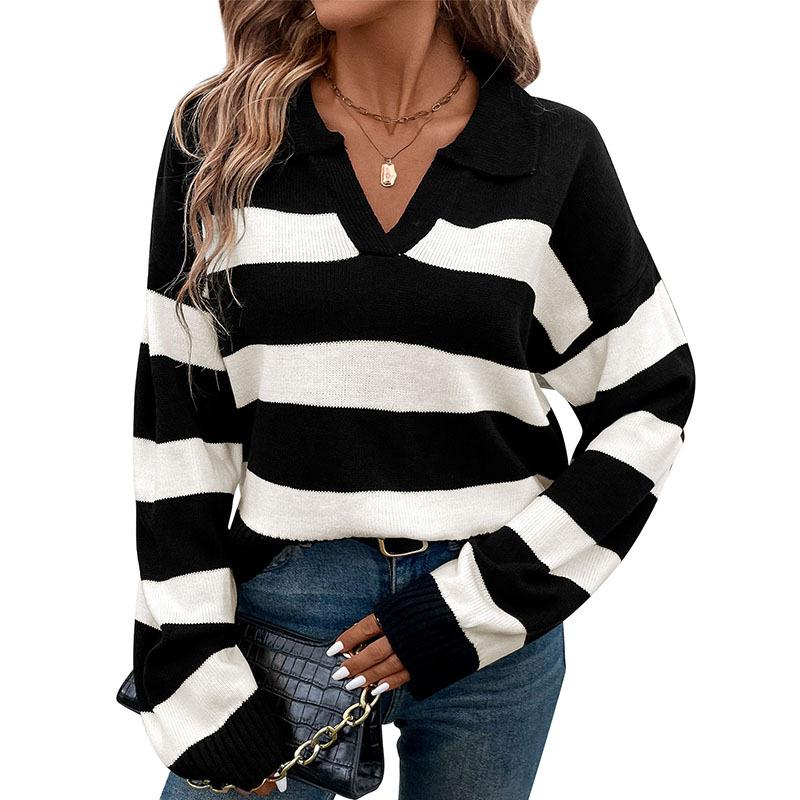 Autumn Women's Sweater Loose Top Striped Lapel Knitwear